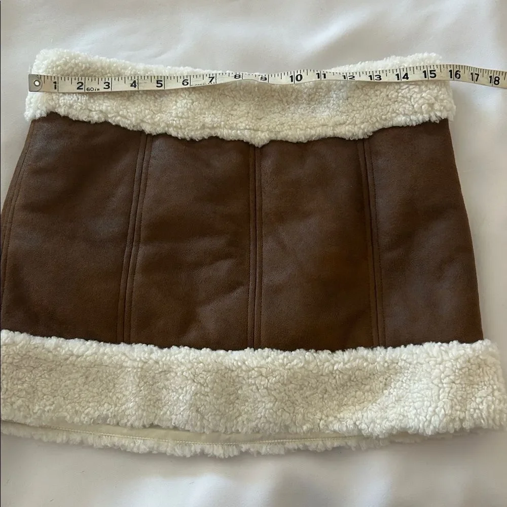 Lovers + Friends Brown Faux Leather Mini Skirt with Cream Sherpa Trim size small